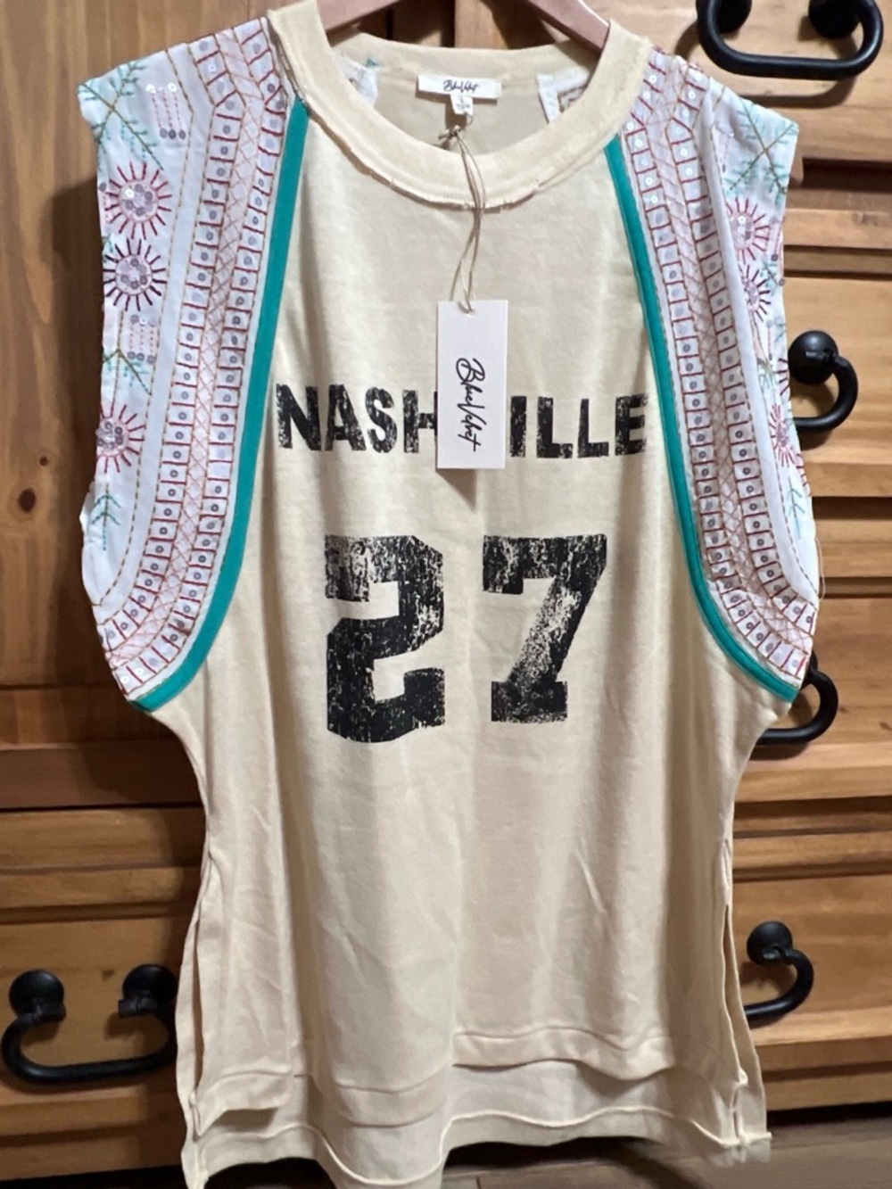 Blue Velvet Cream Embroidered Sleeve Tank — Nashville 27 Graphic